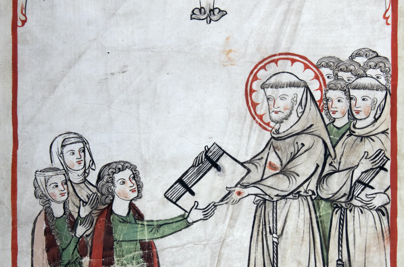 성인에게 필사본을 바치는 필경사(15세기) 이미지